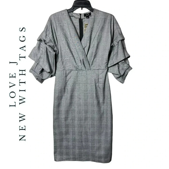 1745. LOVE J CHECKERED PATTERN‎ RUFFLE 3/4 SLEEVE MIDI LENGTH DRESS GRAY/WHITE - Picture 1 of 9